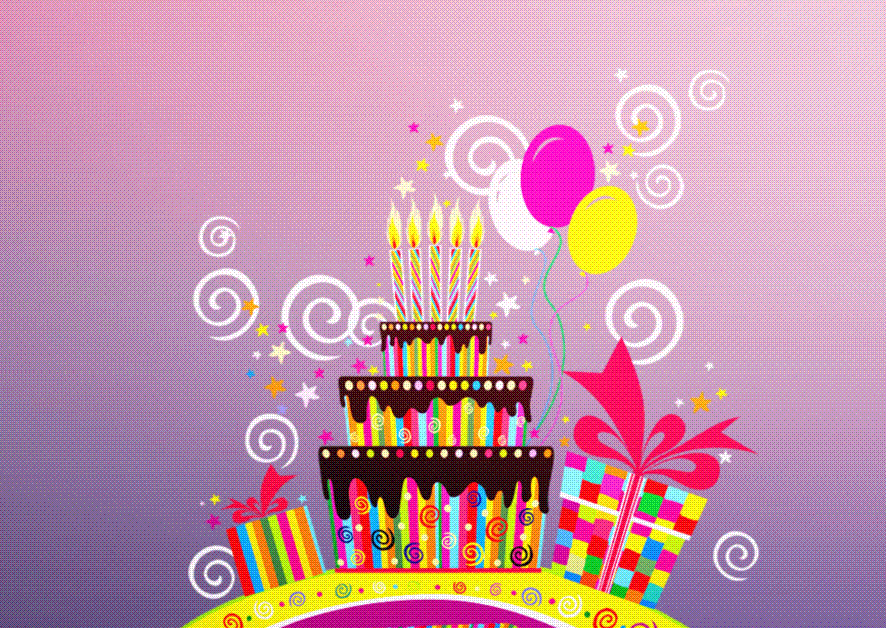 Анимационная гиф открытка к дню рождения: Торт с подарками
