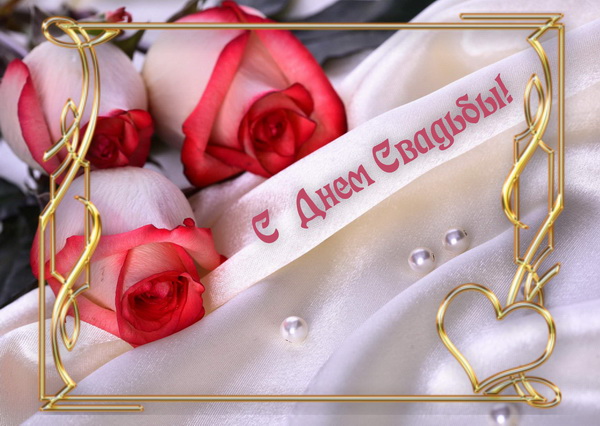 Открытка с днем свадьбы: Золотая рамка с розами