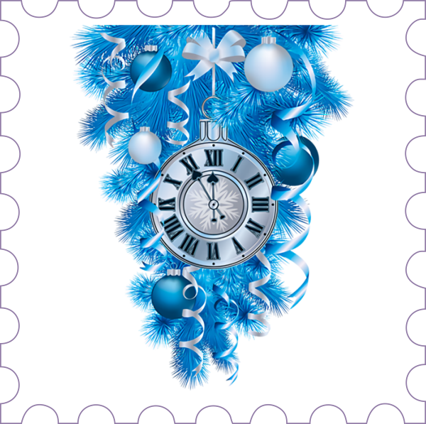 Изображение на прозрачном фоне к новому году:  Часы на синей ёлке