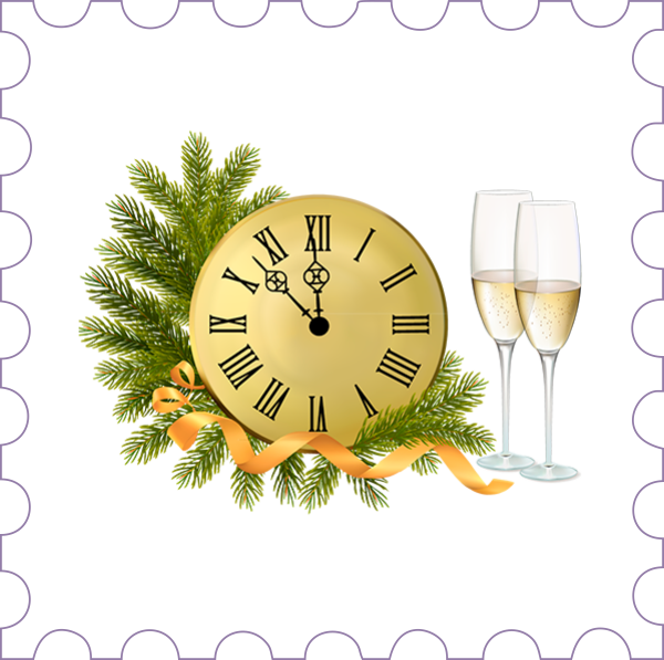 Изображение на прозрачном фоне к новому году: Два бокала и часы
