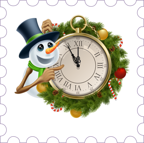 Изображение на прозрачном фоне к новому году: Снеговик с часами